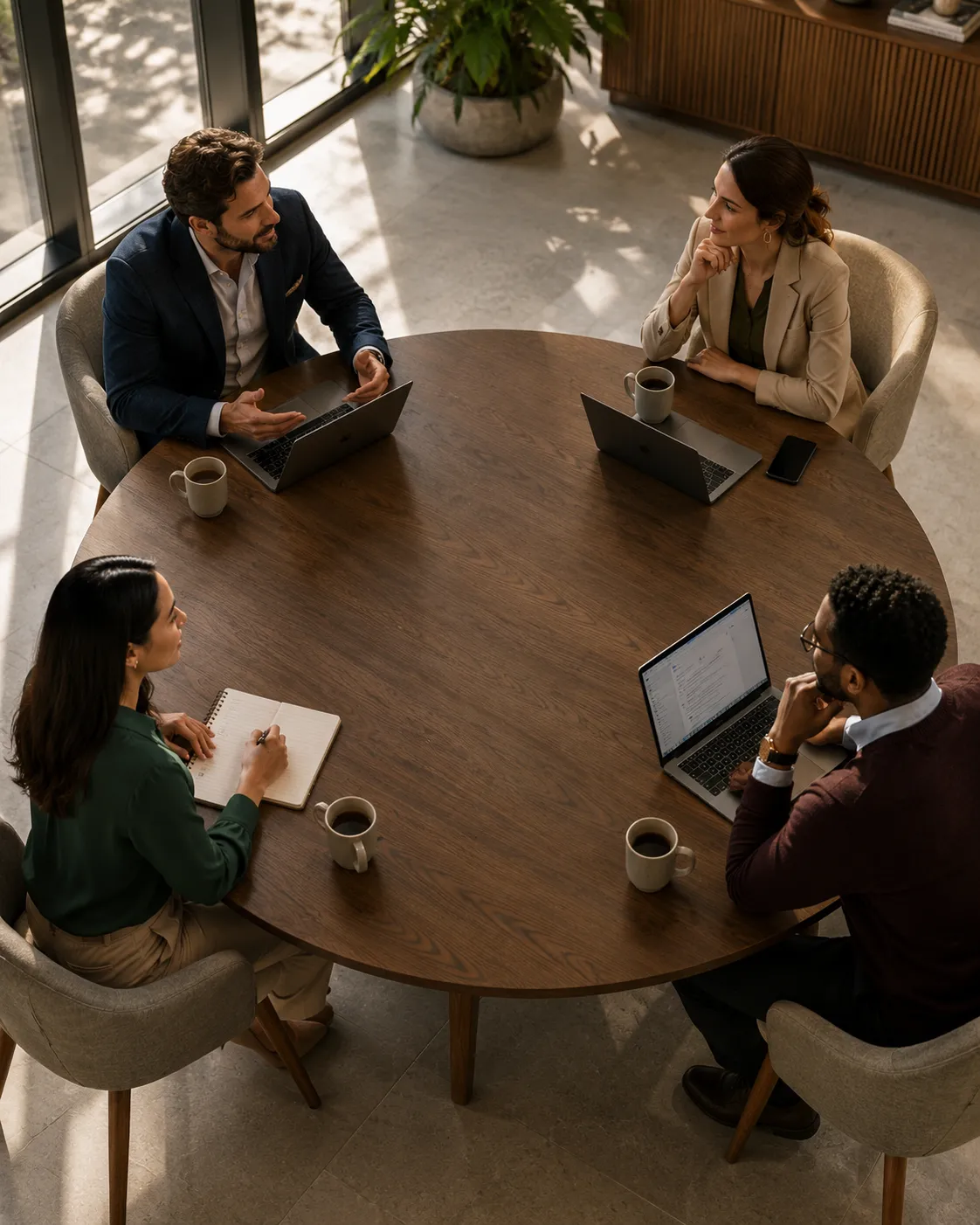 A Sales, Presales and subject matter expert team gathered around a meeting table